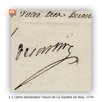 Lettre demandant l'envoi de La Gazette de Nice 1774