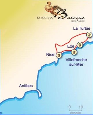Route du Baroque : Carte de l'itinéraire Route des 3 corniches