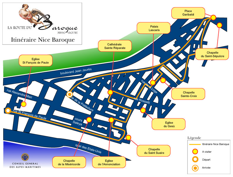 Route du Baroque : Carte de l'itinéraire Nice Baroque - Image en taille réelle, .JPG 143Ko (fenêtre modale)