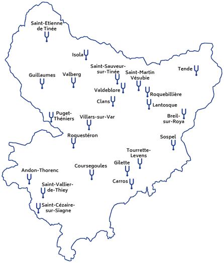 Carte des communes desservies dans le cadre du conservatoire départemental de musique